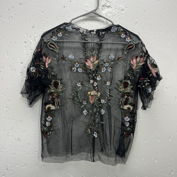 Zara Tops - Zara Womens XS Sheer Mesh Floral Embroidered‎ Top Short Sleeve